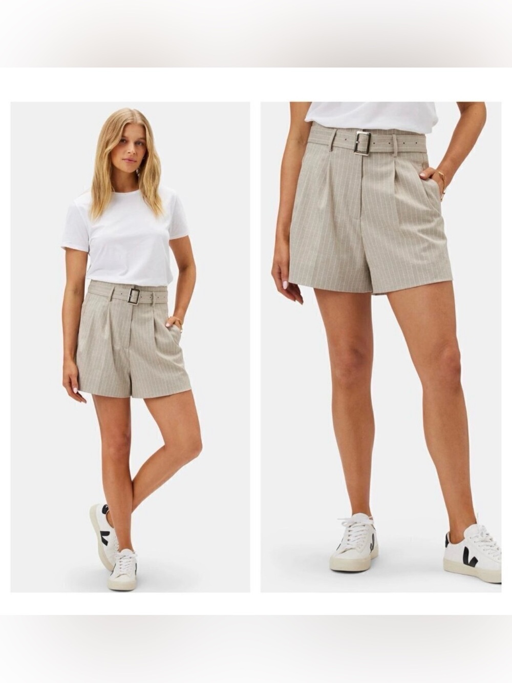 Amour Vert Beige Pinstripe Belted Shorts
